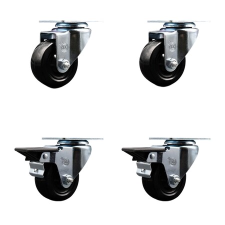 Service Caster 3'' Hard Rubber Wheel Swivel Top Plate Caster Set with 2 Posi Brakes, 4PK SCC-20S314-HRS-2-PLB-2